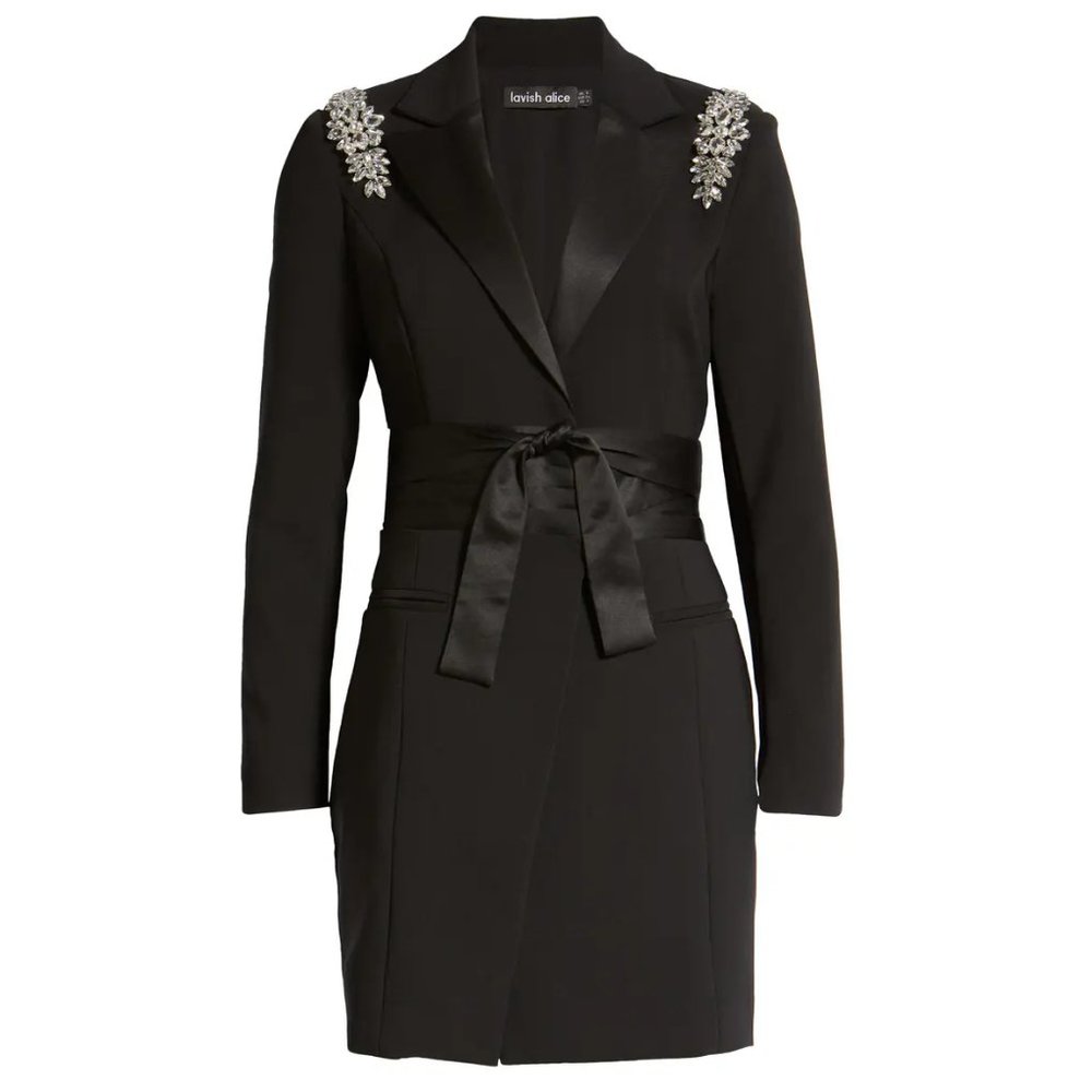 diamante shoulder trim wrap blazer dress in black NWT